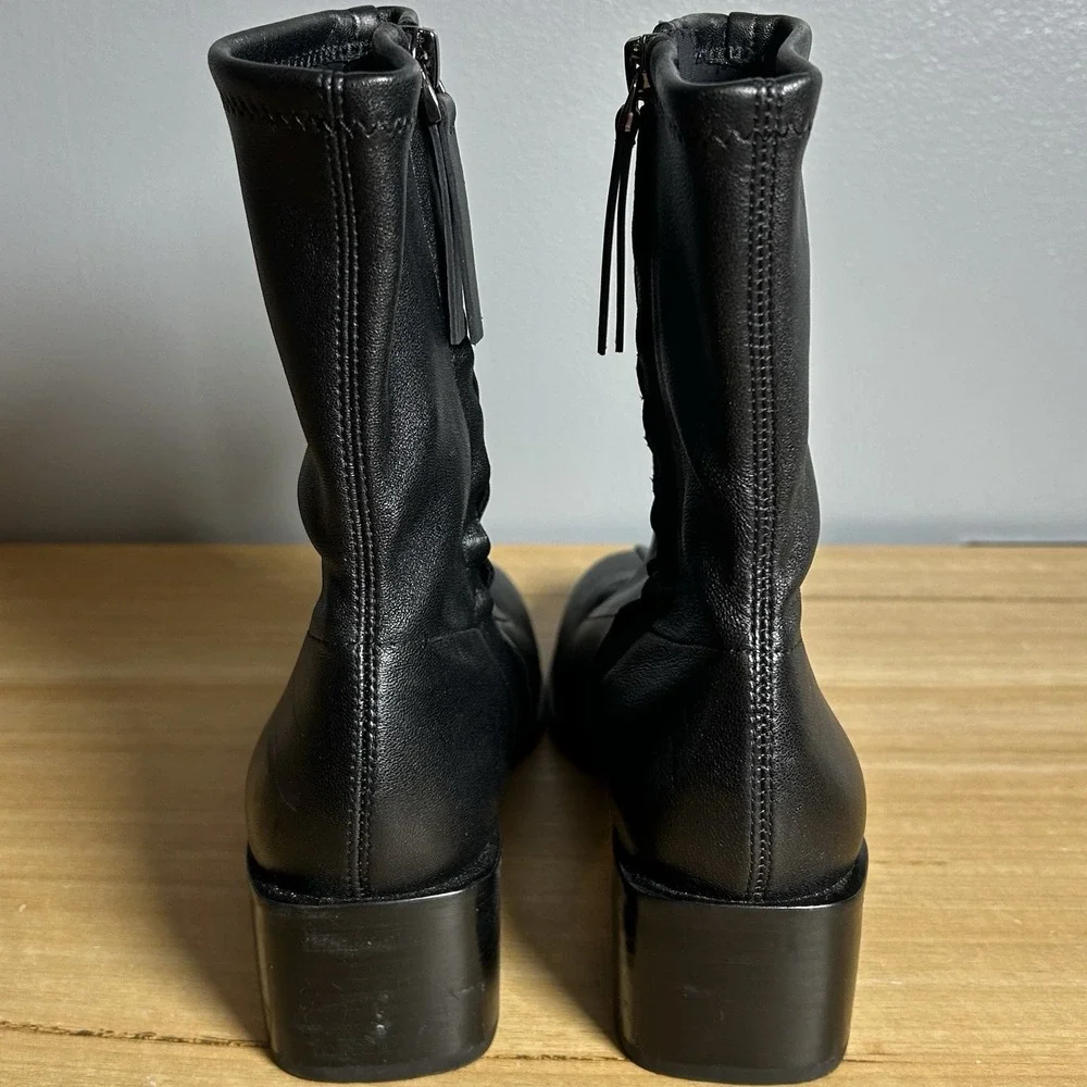 Quince Black Luxe Italian Leather Stretch Mid Calf Square Toe Heeled Sock Bootie